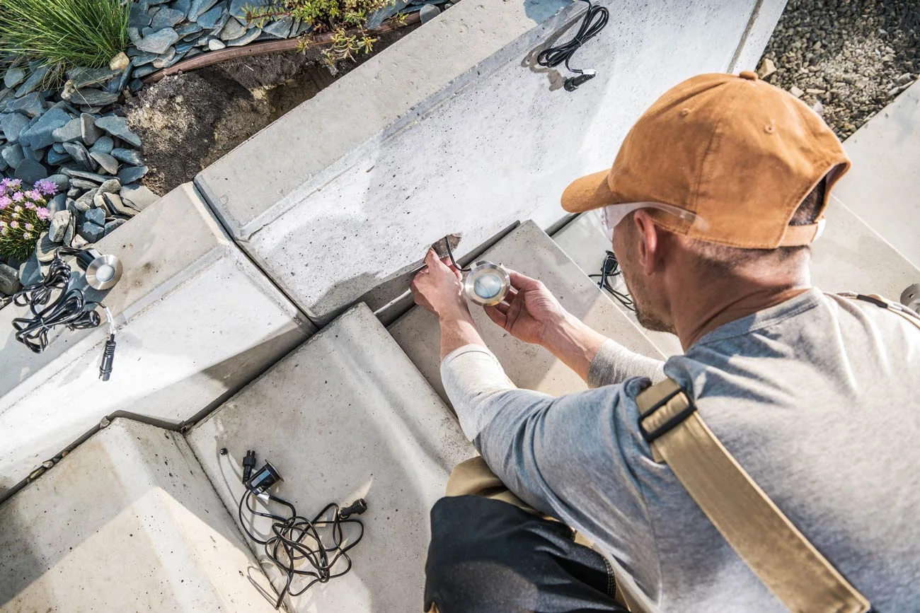 Landscape Lighting Maintenance Tips: Man Replacing light bulbs